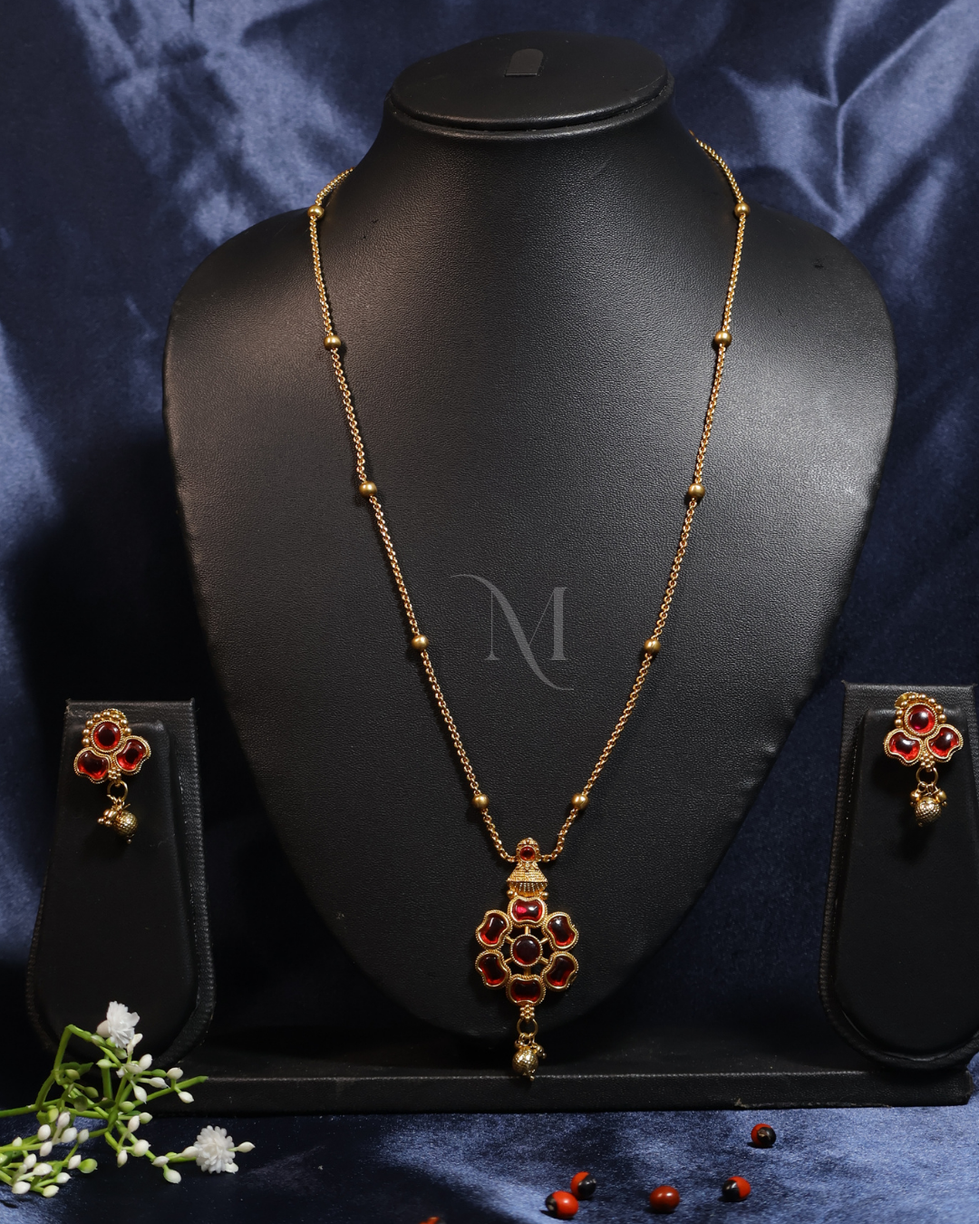 Ruby Floral Pendant Necklace with Matching Earrings