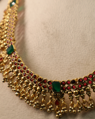 Traditional Kemp Stone Necklace with Green Accents and Jhumka Earrings