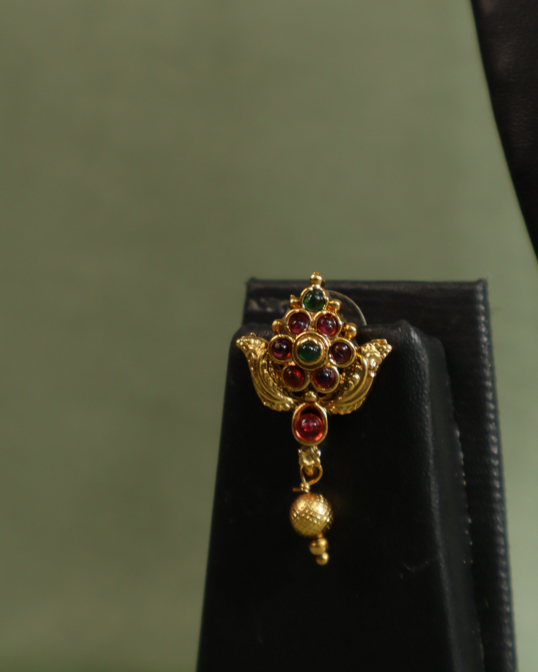 Antique Gold Bead Mala with Ruby-Studded Pendant and Matching Earrings