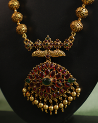 Antique Gold Bead Mala with Ruby-Studded Pendant and Matching Earrings