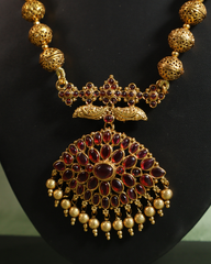 Antique Gold Bead Mala with Ruby-Studded Pendant and Matching Earrings