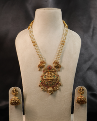 Temple Design Pearl Mala with Goddess Lakshmi Pendant and Jhumka Earrings