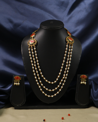 Lotus Motif Triple-Layer Pearl Valiya Mala with Matching Earrings